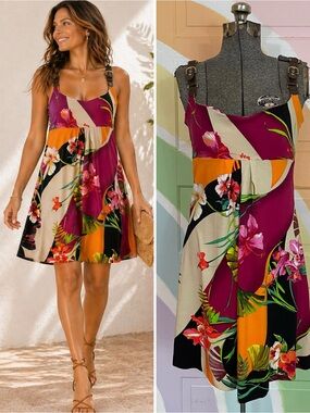 Vintage Cache Colorful Tropical Floral Dress Adjustable Straps *flawed* Sz L 💛🎀